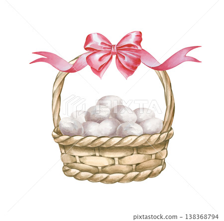 Watercolor Easter basket with white eggs and pink bow, hand drawn illustration isolated on white background. Organic food illustration for spring design 138368794