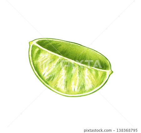 A quarter of ripe green lime on an isolated background. Watercolor illustration of a slice of juicy fruit. Realistic clipart for cocktails, drinks, and menus. A quarter of ripe green lime on an isolated background. Watercolor illustration of a slice of juicy fruit. Realistic clipart for cocktails, drinks, and menus. 138368795