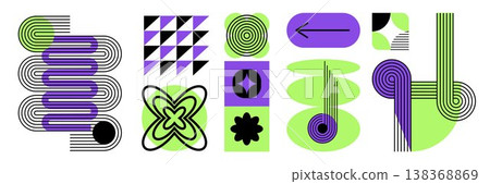 Bold abstract pattern with geometric shapes and vivid colors in a minimalist style. Geometric background in Bauhaus style. Modern vector background perfect for posters, flyers, banners, and festival Bold abstract pattern with geometric shapes and vivid colors in a minimalist style. Geometric background in Bauhaus style. Modern vector background perfect for posters, flyers, banners, and festival 138368869