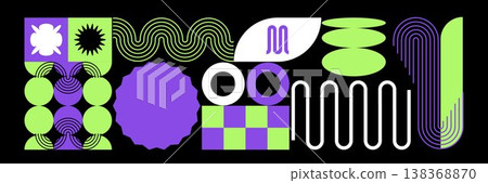 Bold abstract pattern with geometric shapes and vivid colors in a minimalist style. Geometric background in Bauhaus style. Modern vector background perfect for posters, flyers, banners, and festival Bold abstract pattern with geometric shapes and vivid colors in a minimalist style. Geometric background in Bauhaus style. Modern vector background perfect for posters, flyers, banners, and festival 138368870