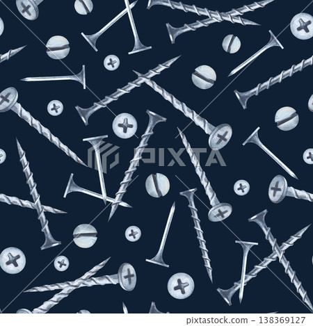 Seamless pattern with screws, self-tapping screws and nails on a dark background. Watercolor illustration of realistic working tools for home renovation. Background for packaging, wallpaper, wrapping Seamless pattern with screws, self-tapping screws and nails on a dark background. Watercolor illustration of realistic working tools for home renovation. Background for packaging, wallpaper, wrapping 138369127