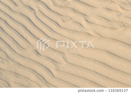Wind-sculpted ripples in golden beach sand with soft shadows and natural textured pattern close view Wind-sculpted ripples in golden beach sand with soft shadows and natural textured pattern close view 138369137
