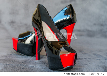 Black and red platform open toe high heels glossy patent leather bold fashion statement luxury style Black and red platform open toe high heels glossy patent leather bold fashion statement luxury style 138369147