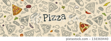 Seamless pattern slice pizza Pepperoni, Margherita, Mexican with ingredients. Vintage vector engrave 138369440