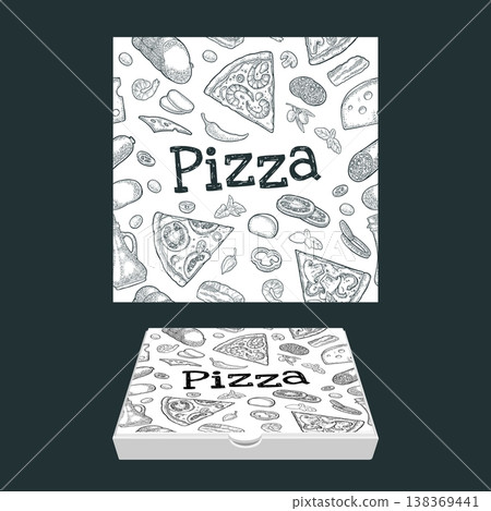 Seamless pattern slice pizza Pepperoni, Margherita, Mexican with ingredients. Vintage vector engrave 138369441