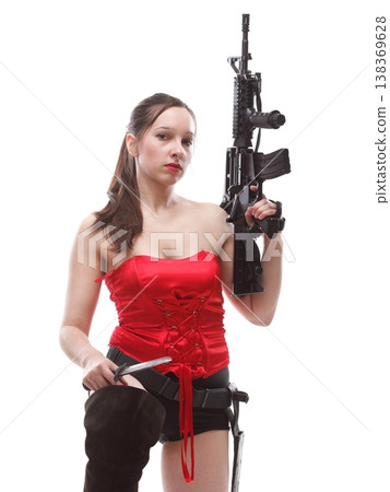 Girl holding Rifle islated on white background 138369628