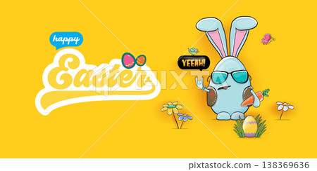 Happy Easter banner with funny rocker bunny character. Blue egg-shaped rabbit showing rock hand sign on yellow background. Creative easter spring holiday header with eggs, flowers and butterfly. 138369636
