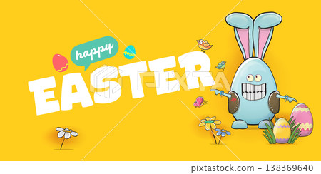 Happy Easter banner with funny rocker bunny character. Blue egg-shaped rabbit showing rock hand sign on yellow background. Creative easter spring holiday header with eggs, flowers and butterfly. 138369640