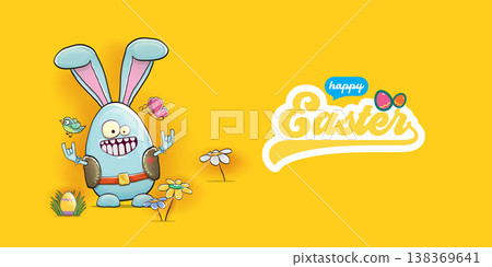 Happy Easter banner with funny rocker bunny character. Blue egg-shaped rabbit showing rock hand sign on yellow background. Creative easter spring holiday header with eggs, flowers and butterfly. 138369641