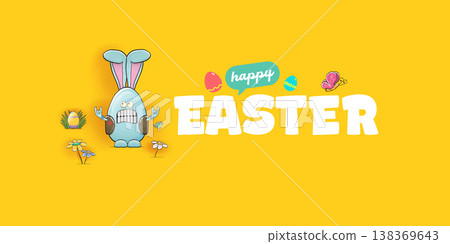 Happy Easter banner with funny rocker bunny character. Blue egg-shaped rabbit showing rock hand sign on yellow background. Creative easter spring holiday header with eggs, flowers and butterfly. 138369643