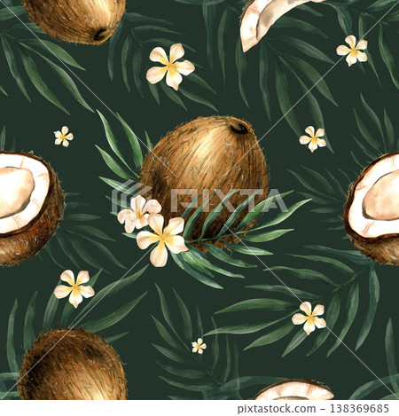Tropical coconut seamless pattern. Watercolor white flowers and greenery. Summer Isolated hand drawn exotic fruit with blossom. Illustration for food and cosmetic packaging, textile, wallpaper 138369685