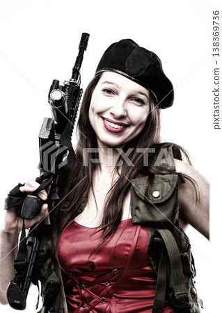 Girl holding Rifle islated on white background 138369736