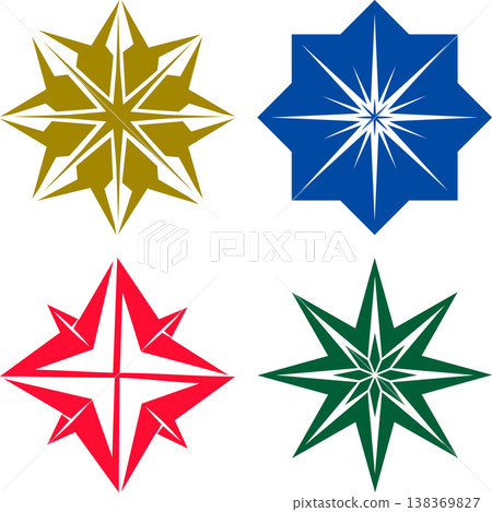 Set of four colorful star and compass rose graphic symbols with graphic resource 138369827