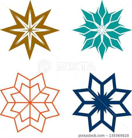 Four different starburst and snowflake graphic designs with white background Four different starburst and snowflake graphic designs with white background 138369828