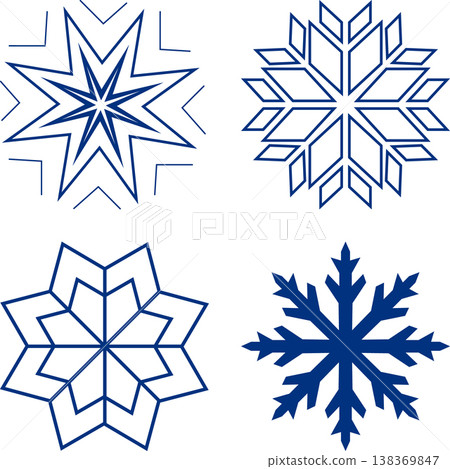 Four geometric snowflake outlines and solid designs in blue with white backgroun 138369847