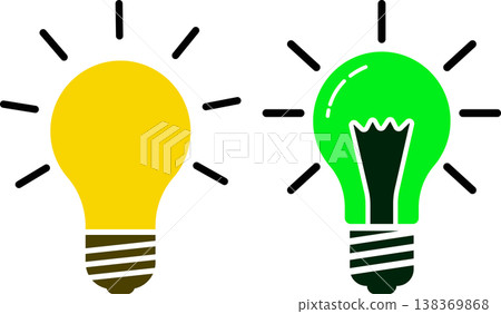Two light bulbs glowing, one yellow and one green, light bulb, white background Two light bulbs glowing, one yellow and one green, light bulb, white background 138369868