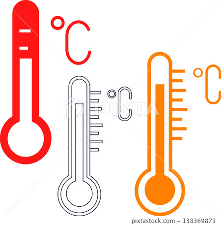 Various thermometers showing temperature, some colored, some outline, heat icon 138369871