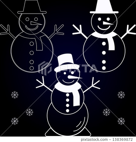 Three stylized snowmen with hats and scarves on dark background with winter icon Three stylized snowmen with hats and scarves on dark background with winter icon 138369872