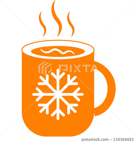 Orange mug with snowflake and steam with hot drink with cold weather Orange mug with snowflake and steam with hot drink with cold weather 138369883