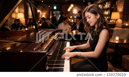 一位女士在酒吧彈鋼琴。 138370059