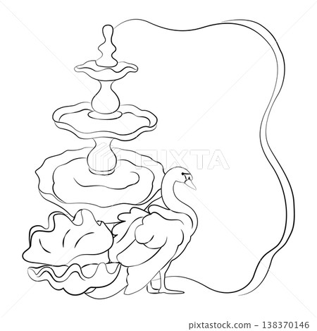 Hand-drawn frame template with rococo shell, romantic swan and fountain graphic illustration for wedding decor, cards, menu Hand-drawn frame template with rococo shell, romantic swan and fountain graphic illustration for wedding decor, cards, menu 138370146