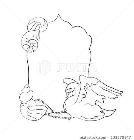 Hand-drawn frame template with sea treasures, shell, pearls and romantic swan graphic illustration for wedding decor, cards, menu 138370147