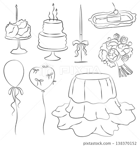 Hand-drawn birthday decor elements, round banquet table, air balloons, birthday cake and bouquet in line art graphic style Hand-drawn birthday decor elements, round banquet table, air balloons, birthday cake and bouquet in line art graphic style 138370152