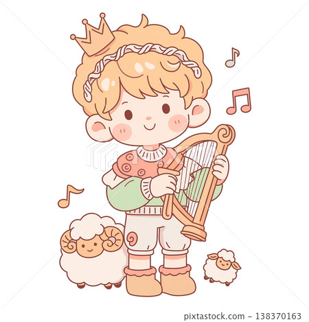 Adorable Chibi Vector Illustration of the Biblical Young David as a Shepherd Boy Wearing a Crown Playing a Lyre with Little Sheep and Five Smooth Stones 138370163