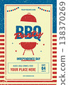 Retro BBQ party poster for 4th of July celebration with grill illustration and patriotic frame. Vintage Independence Day event flyer in Americana style. Vector illustration 138370269
