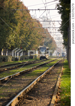 Tram urban public transport rides on rails with green grass and trees. transportation of passengers. Tram urban public transport rides on rails with green grass and trees. transportation of passengers. 138370279