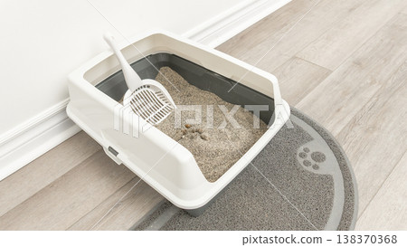 Cat litter box with scoop placed on a gray mat, situated on a wooden floor in a clean indoor environment Cat litter box with scoop placed on a gray mat, situated on a wooden floor in a clean indoor environment 138370368