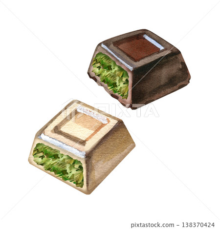 Hand drawn watercolor illustration of two Dubai chocolate pieces: one dark and one milk. Featuring the viral green pistachio and kunafa filling, these gourmet sweets are ideal for trendy cafe menus. Hand drawn watercolor illustration of two Dubai chocolate pieces: one dark and one milk. Featuring the viral green pistachio and kunafa filling, these gourmet sweets are ideal for trendy cafe menus. 138370424