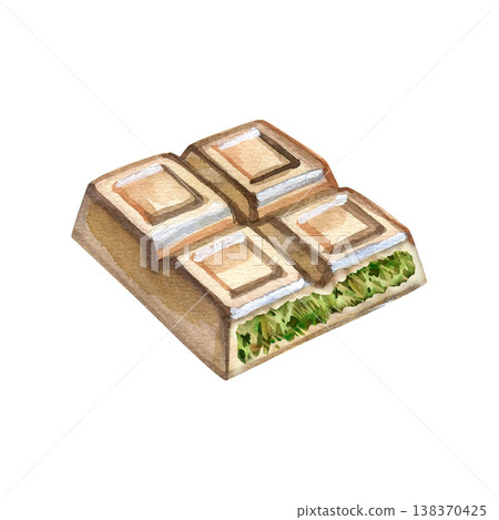 Hand drawn watercolor illustration of a milk chocolate bar with a lush green pistachio and kunafa filling. This gourmet Dubai chocolate element features realistic textures and a trendy, delicious 138370425