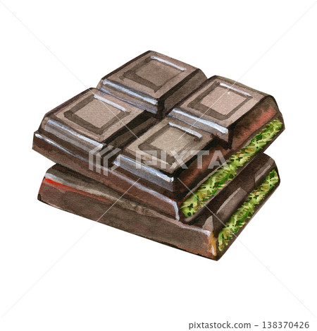 Hand drawn watercolor illustration of Dubai chocolate bars stacked together. This gourmet dessert features dark chocolate layers filled with a vibrant green pistachio and kunafa filling, creating a Hand drawn watercolor illustration of Dubai chocolate bars stacked together. This gourmet dessert features dark chocolate layers filled with a vibrant green pistachio and kunafa filling, creating a 138370426