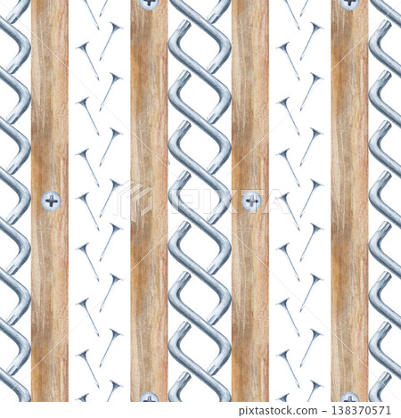 Seamless pattern of vertical wooden panels, nails and furniture keys on an isolated background. Watercolor illustration with working tools for home renovation. Background for packaging, printing 138370571