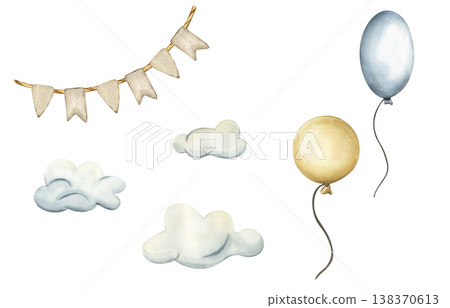 Set of Balloons, Clouds and garlands with flags. Watercolor illustration of festive decorations in blue and beige colors. Elements of holiday decorations for kids goods, baby shower, children's room Set of Balloons, Clouds and garlands with flags. Watercolor illustration of festive decorations in blue and beige colors. Elements of holiday decorations for kids goods, baby shower, children's room 138370613