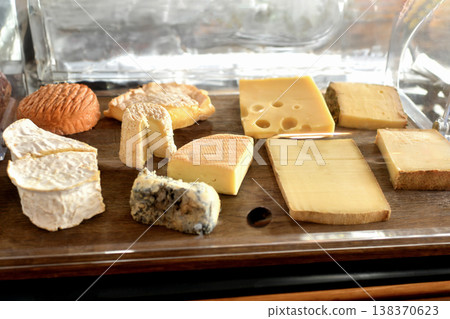 French cheese selection board with assorted gourmet varieties on display 138370623