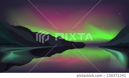 Northern lights glowing over a mountain lake. Vector illustration. EPS 10 Northern lights glowing over a mountain lake. Vector illustration. EPS 10 138371241
