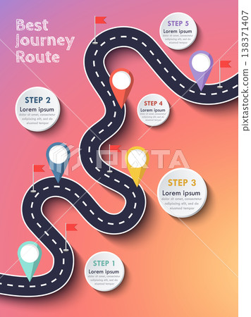 The Best Journey Route. Road trip and Journey route. Business and Journey Infographic Design Template with flags and place for your data. Winding road on a colorful background. Stylish streamers. 138371407