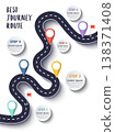 The Best Journey Route. Road trip and Journey route. Business and Journey Infographic Design Template with flags and place for your data. Winding road on a colorful background. Stylish streamers. 138371408