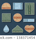 Set of outdoor badges and stickers with topographic map patterns and hiking themed text 138371454