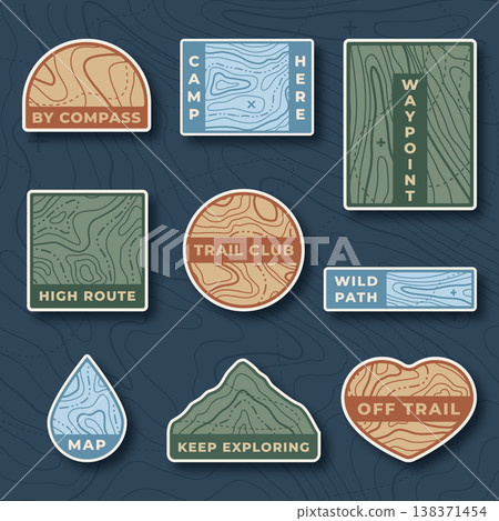 Set of outdoor badges and stickers with topographic map patterns and hiking themed text Set of outdoor badges and stickers with topographic map patterns and hiking themed text 138371454