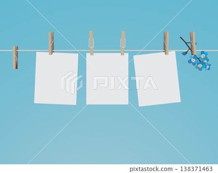 Blank photo frames set hanging on clothespins. Composition of blank photo frames and forget-me-not. Modern flat design banner. Vector EPS 10 138371463