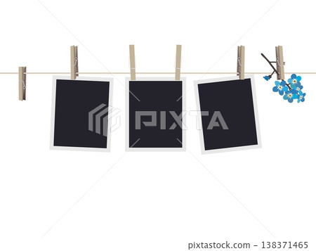 Blank photo frames set hanging on clothespins. Composition of blank photo frames and forget-me-not. Modern flat design banner. Vector EPS 10 Blank photo frames set hanging on clothespins. Composition of blank photo frames and forget-me-not. Modern flat design banner. Vector EPS 10 138371465