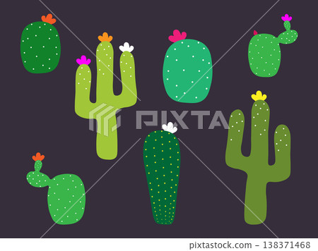 Mexican cactus flower collection. Cactus pattern on black background. Flat icons of cactuses. Vector EPS 10 Mexican cactus flower collection. Cactus pattern on black background. Flat icons of cactuses. Vector EPS 10 138371468