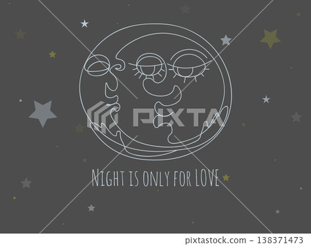 Postcard with cartoon moon. Night kiss for sweethearts. Vector EPS 10 Postcard with cartoon moon. Night kiss for sweethearts. Vector EPS 10 138371473