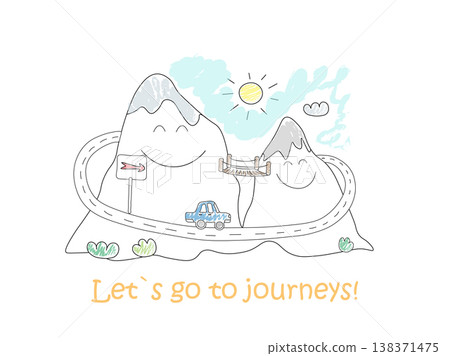 Road trip doodle. Mountain landscape for journey. Comic character. Vector EPS 10 Road trip doodle. Mountain landscape for journey. Comic character. Vector EPS 10 138371475