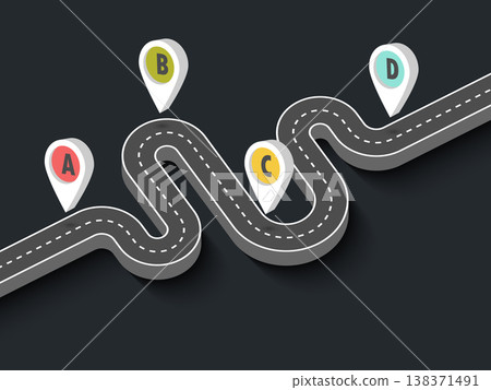 Road trip and Journey route. Business and Journey Infographic Design Template with pin pointer. Winding road on a black background. 3D Stylish streamers. Vector EPS 10 138371491