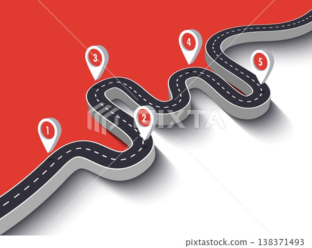 Road trip and Journey route. Business and Journey Infographic Design Template with pin pointer. Winding road on a colorful background. 3D Stylish streamers. Vector EPS 10 Road trip and Journey route. Business and Journey Infographic Design Template with pin pointer. Winding road on a colorful background. 3D Stylish streamers. Vector EPS 10 138371493