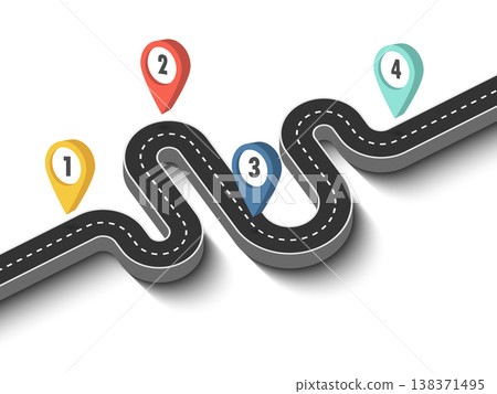 Road trip and Journey route. Business and Journey Infographic Design Template with pin pointer. Winding road on a white background. 3D Stylish streamers. Vector EPS 10 Road trip and Journey route. Business and Journey Infographic Design Template with pin pointer. Winding road on a white background. 3D Stylish streamers. Vector EPS 10 138371495